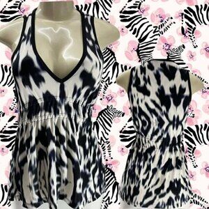 Kenneth Cole S Black Animal Print Low V-Neckline Shirred Waist Sleeveless Top